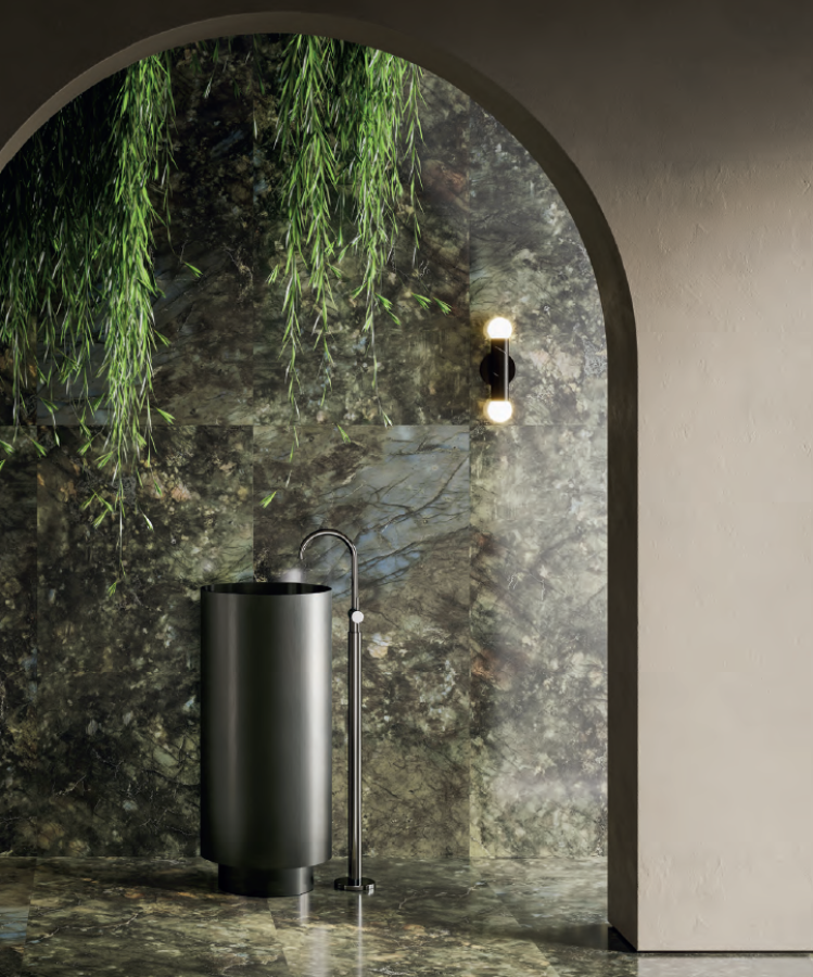 Раковина Newform Solo Steel E L., Ø375х850 мм, отдельностоящая, слив в стену, в комплекте донный клапан, крепление к полу, сталь, цвет PVD Brushed gun metal - изображение 1