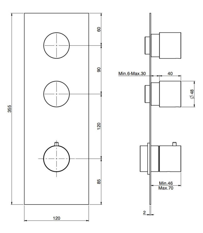 Термостат Carlo Frattini Spillo Steel, с 2 запорными вентилями, ручками с защитой от обжигания, горизонтальная/вертикальная установка, внешняя часть, цвет нержавеющая сталь - изображение 1