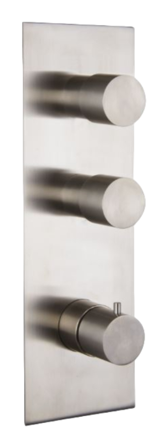 Термостат Carlo Frattini Spillo Steel, с 2 запорными вентилями, ручками с защитой от обжигания, горизонтальная/вертикальная установка, внешняя часть, цвет нержавеющая сталь