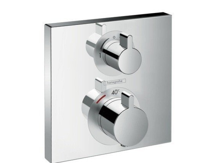 На изображении товар Термостат Hansgrohe Ecostat Square, для ванны, внешняя часть, для 2 потребителей, с запорным вентилем, цвет хром от официального представителя в Москве