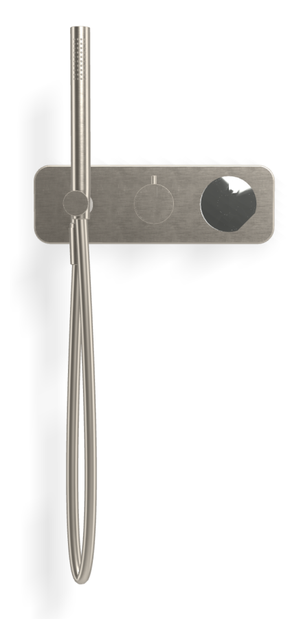 Смеситель для душа Carlo Frattini SO, с переключателем на 2 потребителя, ручным душем, гибким шлангом 1500 мм, без ручек, ширина 297 мм, внешняя часть, цвет никель брашированный - изображение 1