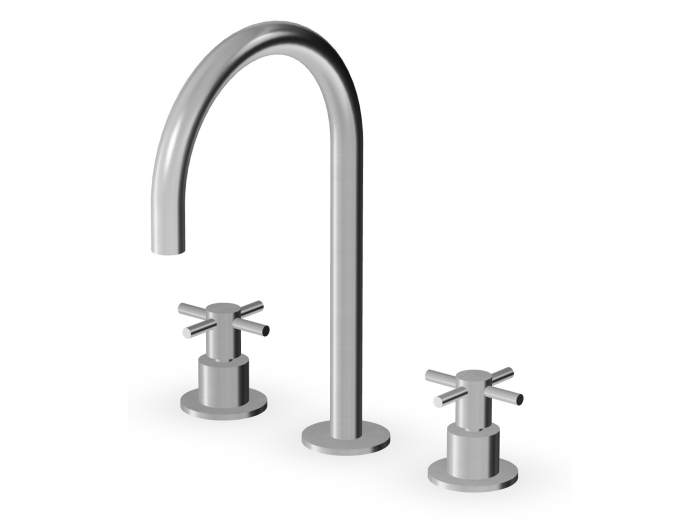 На изображении товар Смеситель для раковины Zucchetti Helm, двухвентильный, на 3 отверстия, аэратор, излив h285 мм, без донного клапана, гибкие шланги, цвет брашированная нержавеющая сталь от официального представителя в Москве