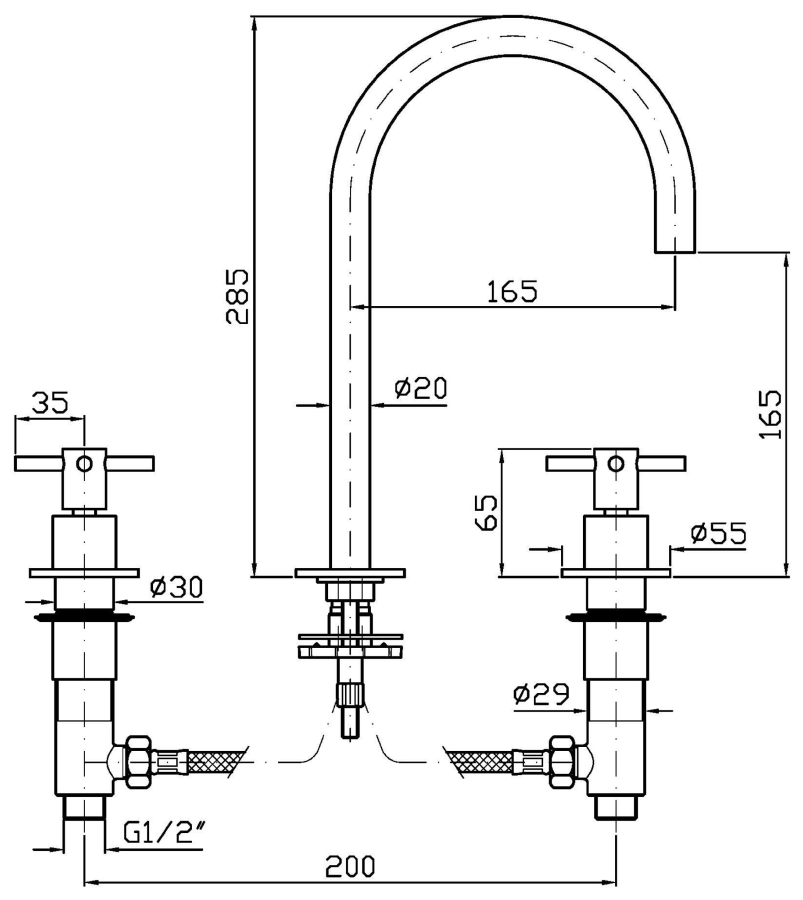 Смеситель для раковины Zucchetti Helm, двухвентильный, на 3 отверстия, аэратор, излив h285 мм, без донного клапана, гибкие шланги, цвет брашированная нержавеющая сталь - изображение 3