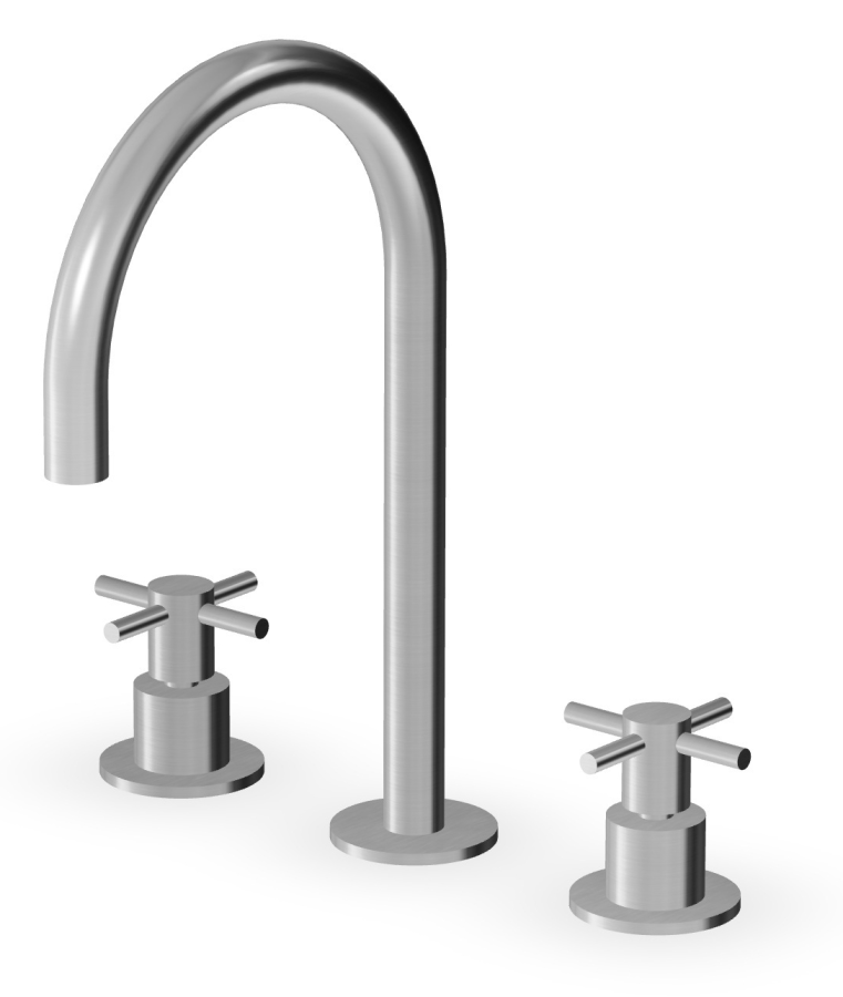 Смеситель для раковины Zucchetti Helm, двухвентильный, на 3 отверстия, аэратор, излив h285 мм, без донного клапана, гибкие шланги, цвет брашированная нержавеющая сталь