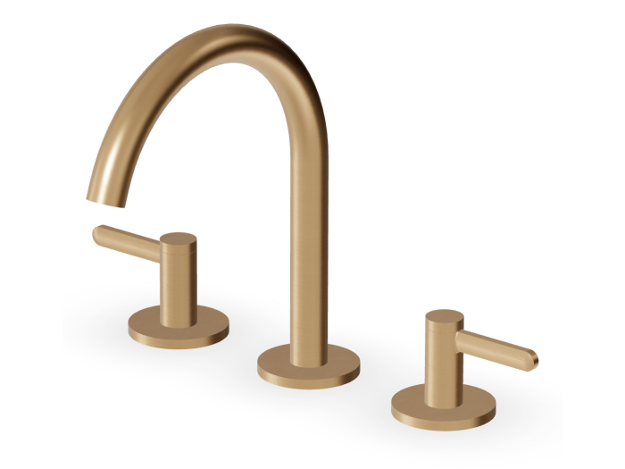 На изображении товар Смеситель для раковины Zucchetti Isy22, на 3 отверстия, поворотный излив, аэратор, без донного клапана, цвет брашированное британское золото PVD от официального представителя в Москве