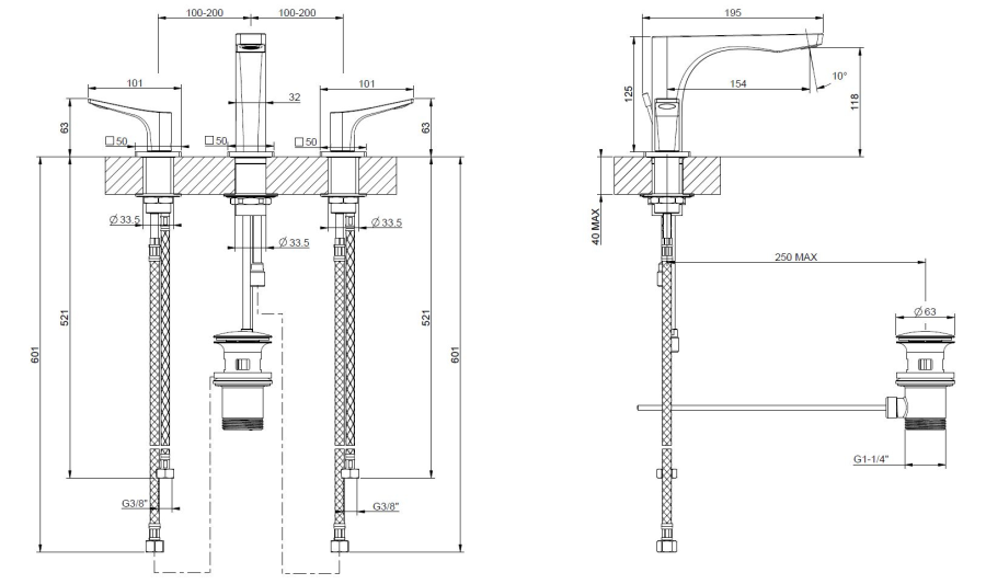 Смеситель для раковины Gessi Rilievo, с донным клапаном, соединительными шлангами, длина излива 195 мм, цвет White CN - изображение 1