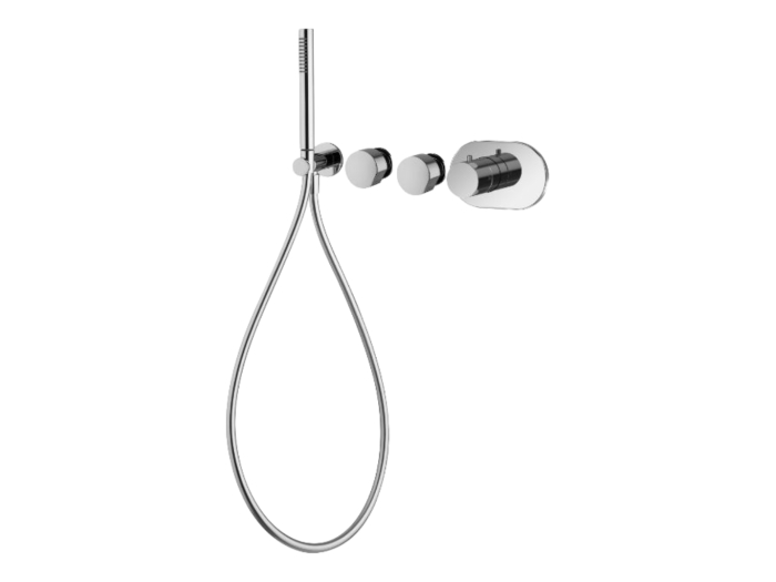 На изображении товар Термостат для ванны/душа Carlo Frattini SO, без ручек, на 2 потребителя, с гибким шлангом хромалюкс 1500 мм, внешняя часть, цвет чёрный матовый от официального представителя в Москве