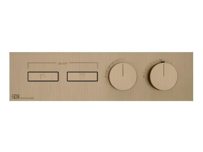 На изображении товар Термостат Gessi HI-FI, до 2 функций одновременно, с кнопками вкл/выкл, внешняя часть, цвет Warm Bronze Brushed PVD от официального представителя в Москве