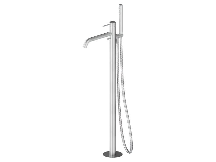 На изображении товар Смеситель для ванны Newform X-steel 316, напольный, с переключателем и ручным душем, внешняя часть, цвет Stainless steel от официального представителя в Москве