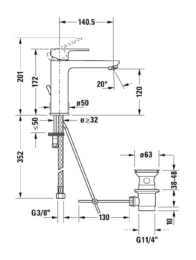 Смеситель для раковины Duravit B.3 однорычажный, h-172 мм, с донным клапаном, цвет хром - изображение 2