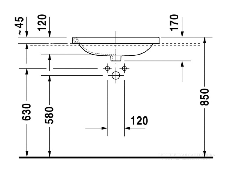 Раковина Duravit DuraStyle, встраиваемая сверху, 615х495 мм, с переливом, 1 отверстие под смеситель, цвет белый с покрытием WonderGliss - изображение 4