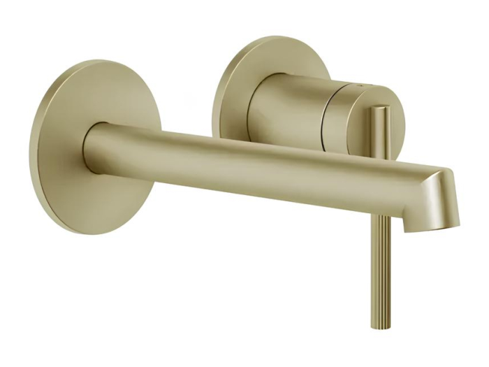 На изображении товар Смеситель для раковины Gessi Ingranaggio, настенный, с коротким изливом, без донного клапана, внешние части, цвет Brushed Brass PVD от официального представителя в Москве