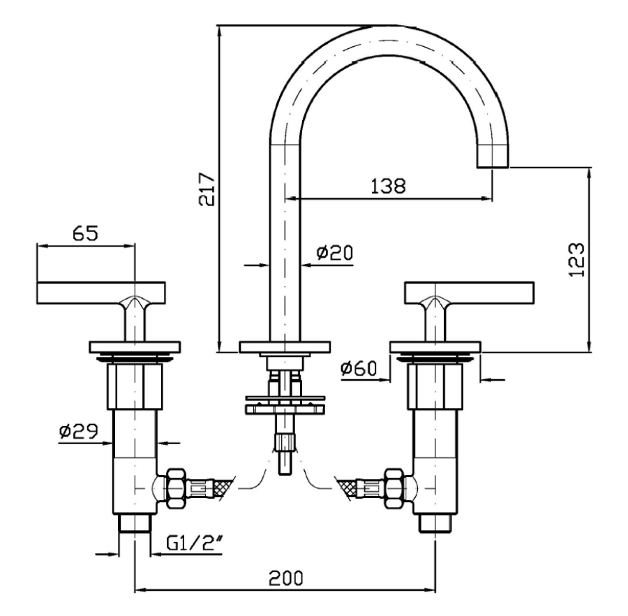 Смеситель для раковины Zucchetti Pan S, на 3 отверстия, аэратор, без донного клапана, гибкие шланги, цвет хром - изображение 2