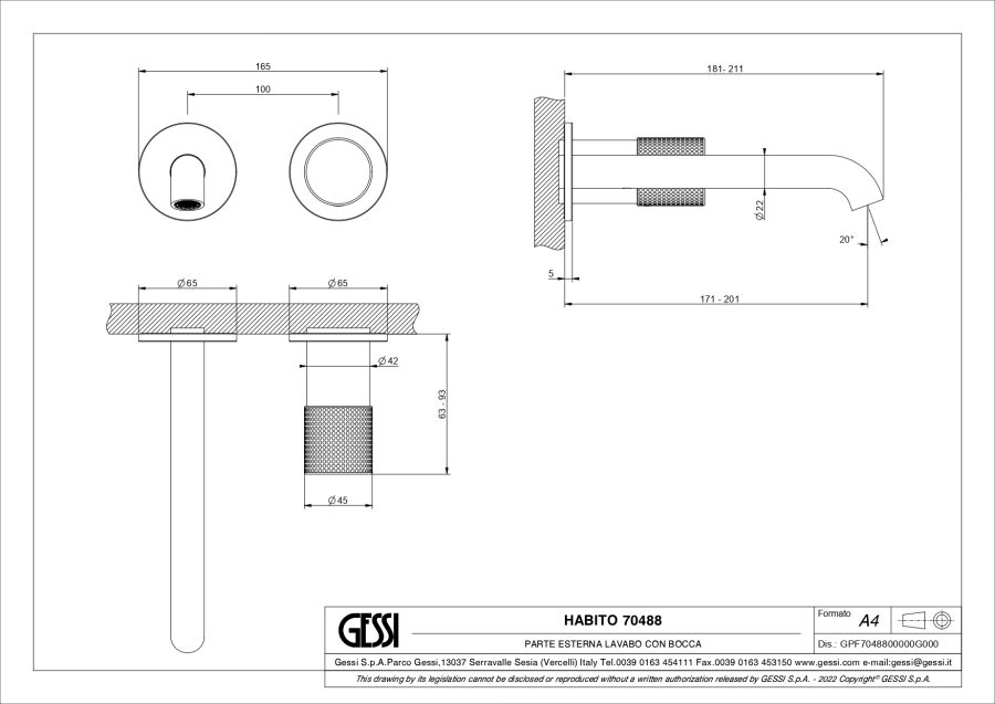 Смеситель для раковины Gessi Habito, встраиваемый, настенный, цвет Brushed Brass PVD - изображение 1