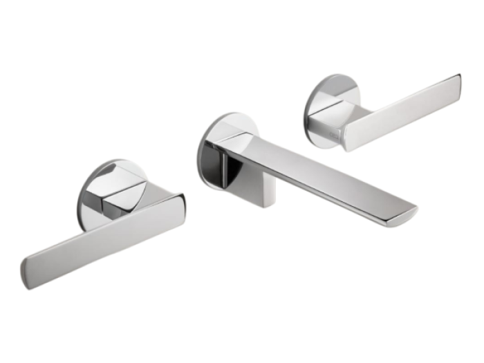 На изображении товар Смеситель для раковины CEA Design Ayla, настенный, двухрычажный, встраиваемый, внешняя часть,  с изливом 155 мм, аэратор, цвет нержавеющая сталь от официального представителя в Москве