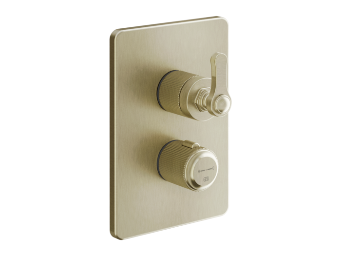 На изображении товар Термостат Gessi Venti20, с переключателем на 2 потребителя, встраиваемый, цвет Brass Brushed  PVD от официального представителя в Москве