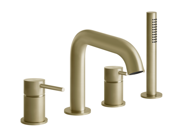 На изображении товар Смеситель для ванны Gessi 316, с выдвижным ручным душем, на 4 отверстия, цвет Brass Brushed PVD от официального представителя в Москве
