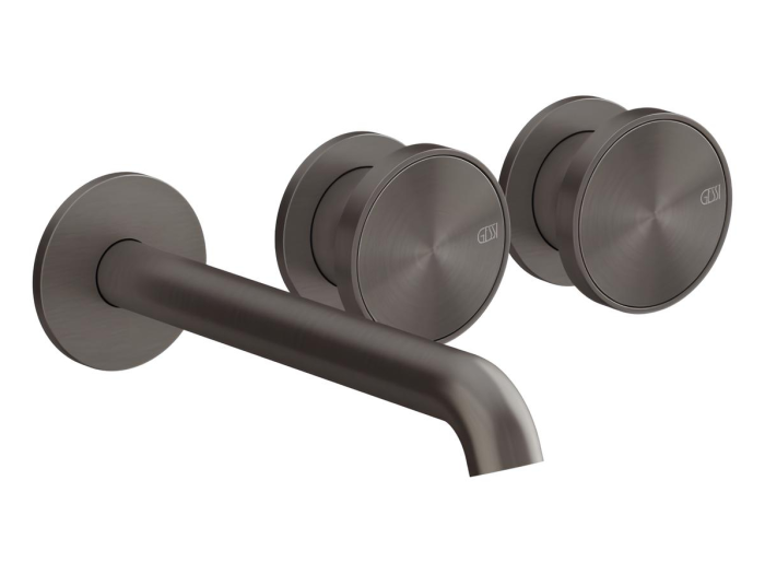 На изображении товар Смеситель для раковины Gessi Origini, настенный на 3 отверстия, без донного клапана, внешние части, цвет Black Metal Brushed от официального представителя в Москве