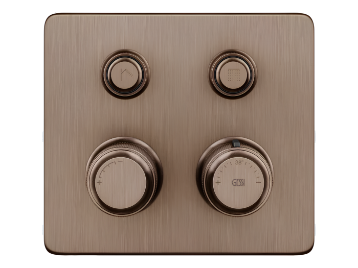 На изображении товар Термостат Gessi HI-FI Eclectic, встраиваемый, до 2 функций одновременно, с кнопками вкл/выкл, внешняя часть, цвет Copper Brushed PVD от официального представителя в Москве