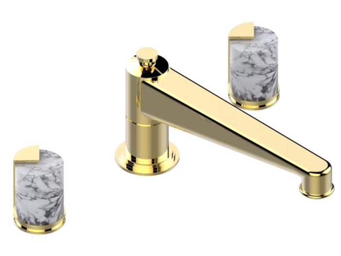 На изображении товар Смеситель для ванны THG Le 9 Howlite, на 3 отверстия, удлинённый излив голиаф, цвет Gold PVD от официального представителя в Москве