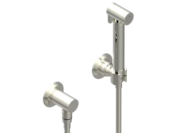 На изображении товар Гигиенический душ THG Le 9 Howlite, лейка с клапаном, армированный шланг 1250 мм, держатель для лейки, цвет никель от официального представителя в Москве