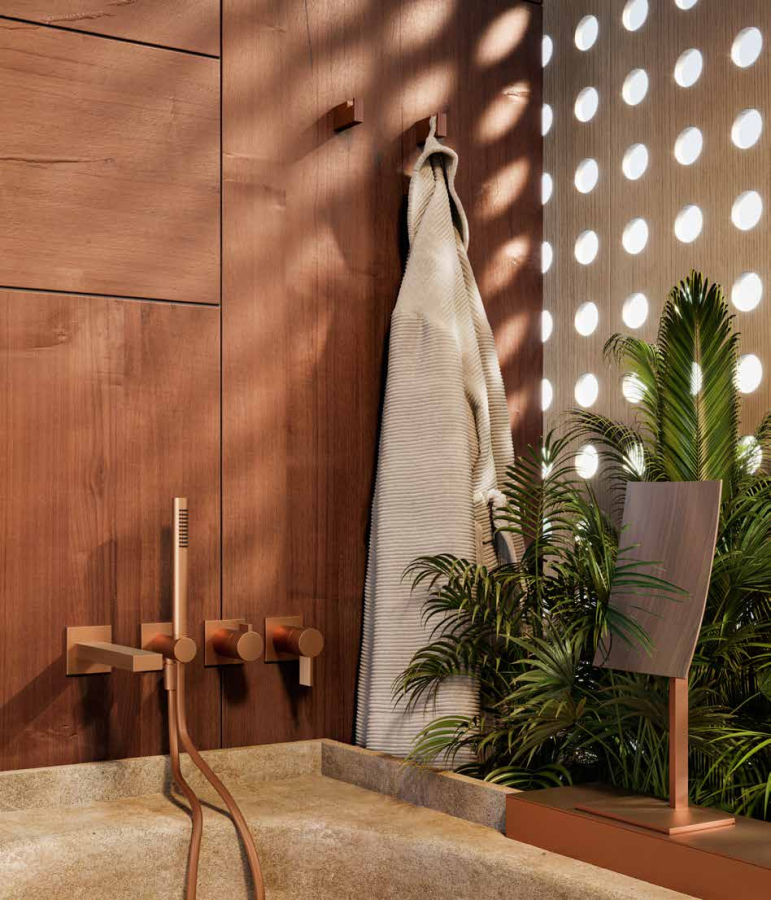 Cмеситель для душа Gessi Inverso, встраиваемый, настенный, на 2 выхода, с переключателем и ручным душем, внешняя часть, цвет Copper Brushed PVD - изображение 1