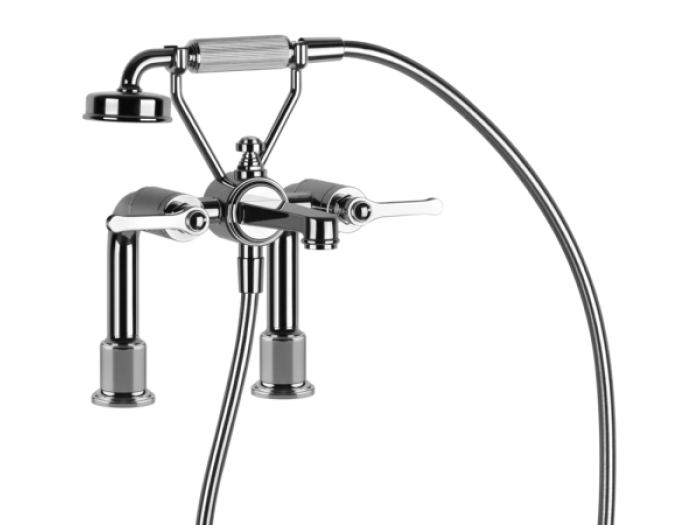 На изображении товар Cмеситель для ванны Gessi Venti20, на 2 отверстия, c изливом, девиатором, держателем "телефон", лейкой, шлангом, цвет Chrome от официального представителя в Москве