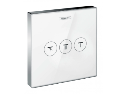 На изображении товар Переключатель для душа Hansgrohe ShowerSelect Glass, настенный, модуль с 3 запорными клапанами, квадратная розетка, внешняя часть, стекло, цвет белый/хром от официального представителя в Москве