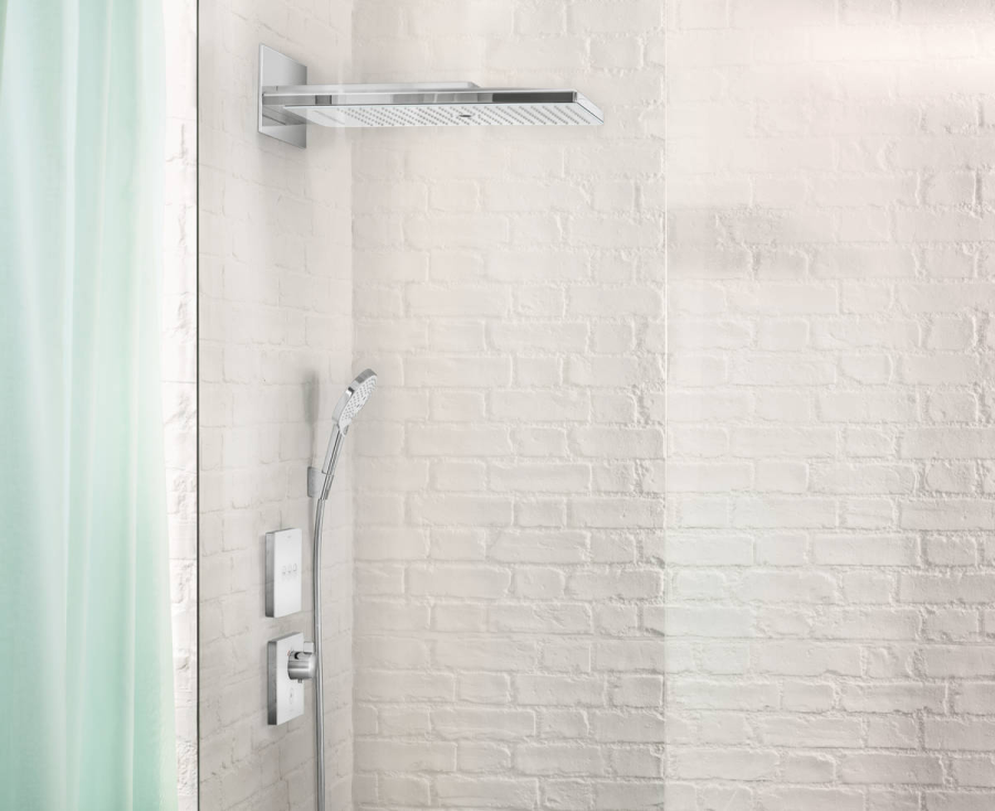 Переключатель для душа Hansgrohe ShowerSelect Glass, настенный, модуль с 3 запорными клапанами, квадратная розетка, внешняя часть, стекло, цвет белый/хром - изображение 1
