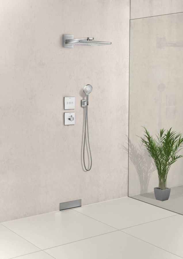 Переключатель для душа Hansgrohe ShowerSelect Glass, настенный, модуль с 3 запорными клапанами, квадратная розетка, внешняя часть, стекло, цвет белый/хром - изображение 2