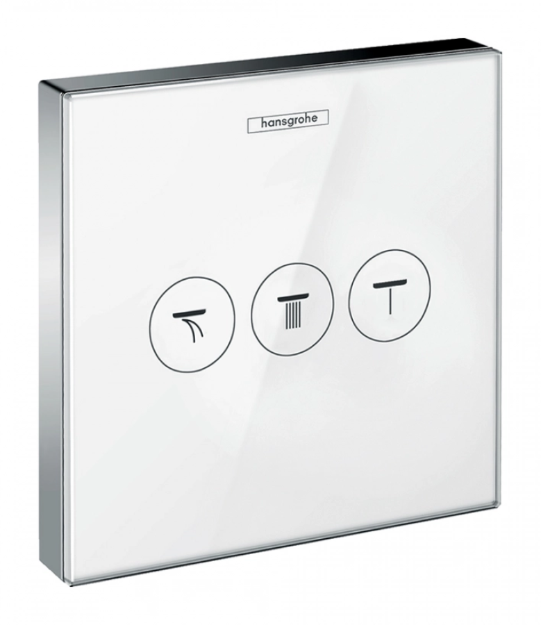 Переключатель для душа Hansgrohe ShowerSelect Glass, настенный, модуль с 3 запорными клапанами, квадратная розетка, внешняя часть, стекло, цвет белый/хром