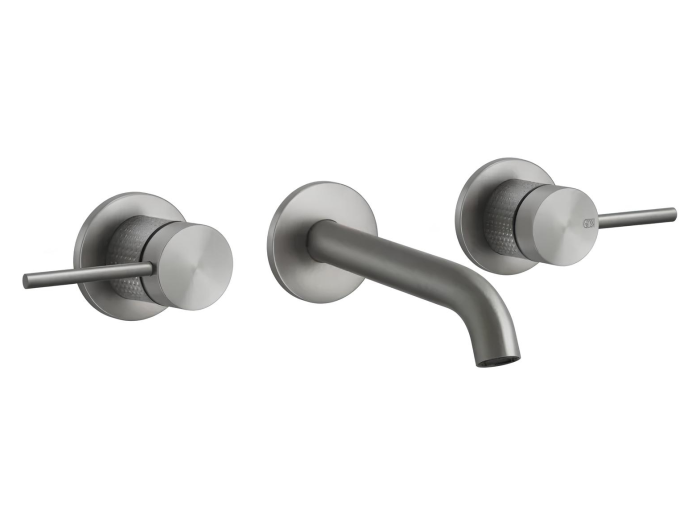 На изображении товар Смеситель для раковины Gessi316, настенный, на 3 отверстия, с длинным изливом, без донного клапана, внешние части, цвет Steel Brushed от официального представителя в Москве