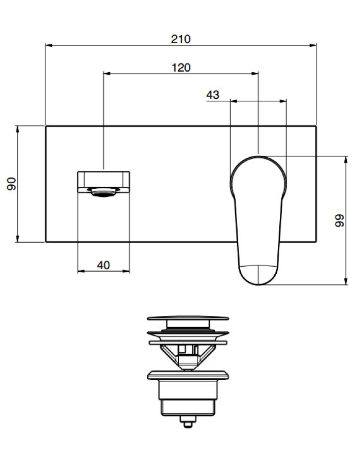Смеситель для раковины Carlo Frattini Serie 22, настенный, однорычажный, с донным клапаном Click-Clack, излив L-217 мм, внешняя часть, цвет чёрный матовый - изображение 3