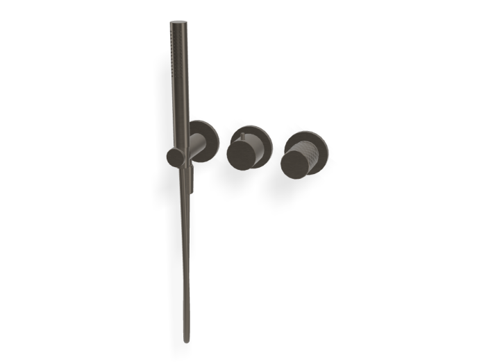 На изображении товар Смеситель для душа Carlo Frattini Spillo Tech, ручка X Collection, на 2 потребителя, с ручным душем, гибким шлангом хромалюкс 1500 мм, внешняя часть, цвет брашированный чёрный хром от официального представителя в Москве