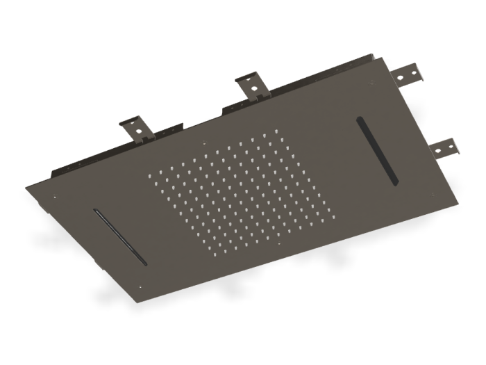 На изображении товар Верхний душ Carlo Frattini Harmonia, потолочный, с защитой от известкового налёта, с ливневой струёй и 2 каскадами, 700x400 мм, цвет брашированный чёрный хром от официального представителя в Москве