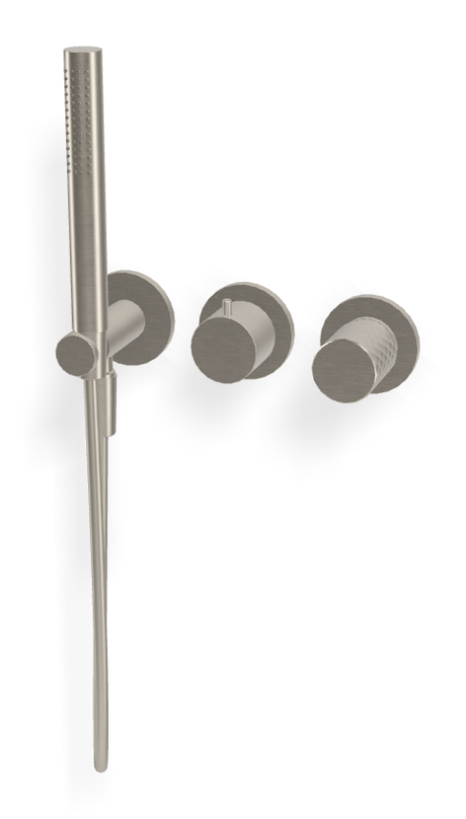 Смеситель для душа Carlo Frattini Spillo Tech, ручка X Collection, на 2 потребителя, с ручным душем, гибким шлангом хромалюкс 1500 мм, внешняя часть, цвет никель брашированный