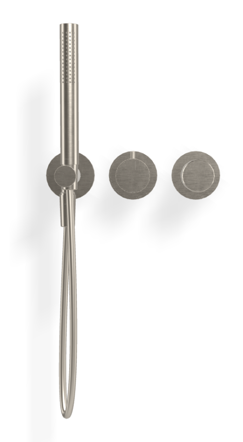 Смеситель для душа Carlo Frattini Spillo Tech, ручка X Collection, на 2 потребителя, с ручным душем, гибким шлангом хромалюкс 1500 мм, внешняя часть, цвет никель брашированный - изображение 1