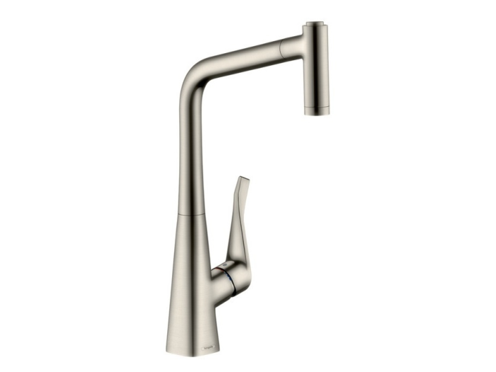На изображении товар Смеситель для кухни Hansgrohe Metris M71, однорычажный, КомфортЗона 320, Eco, с вытяжным изливом, 2 типа струи, цвет Сталь от официального представителя в Москве