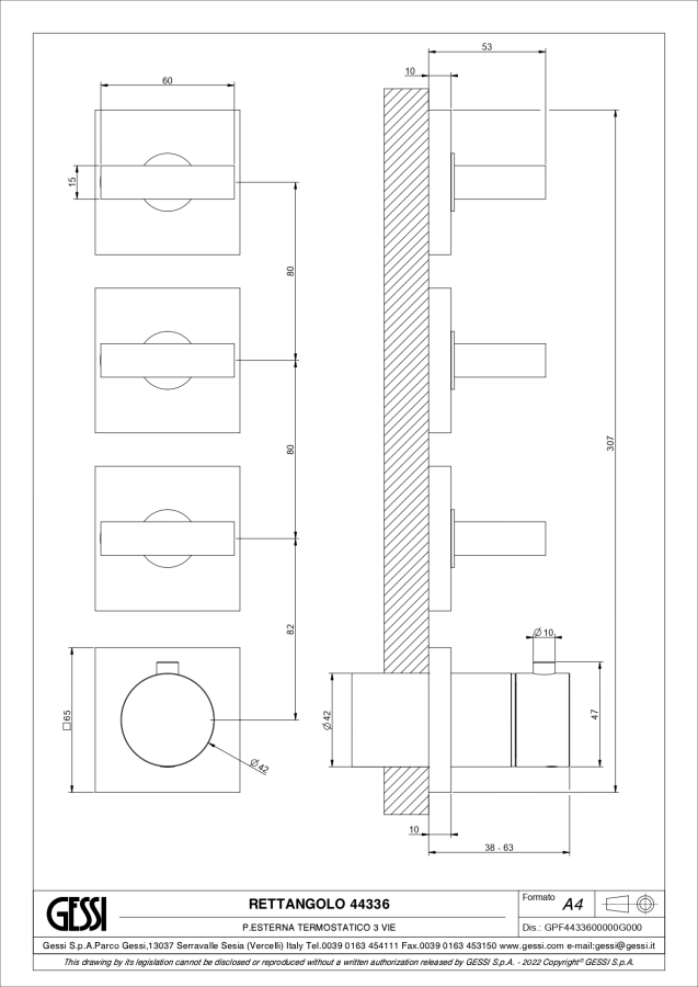 Термостат Gessi Rettangolo, настенный, встраиваемый, с 3 независимыми выходами, внешние части, цвет Warm Bronze PVD - изображение 1