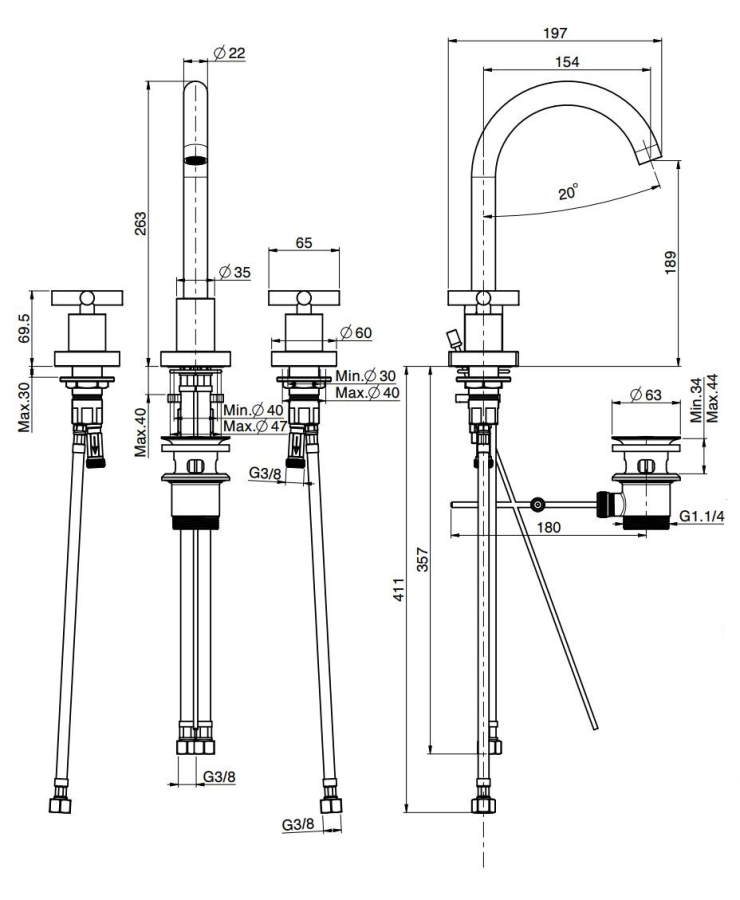 Смеситель для раковины Carlo Frattini Maxima, двухвентильный, с вращающимся изливом, 2 гибкими шлангами, донным клапаном 1"1/4, цвет никель брашированный - изображение 1