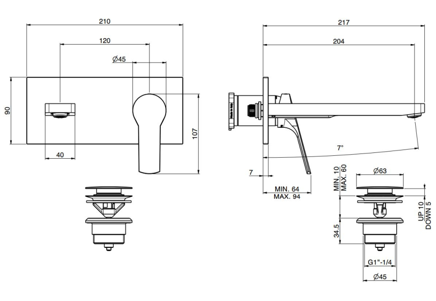 Смеситель для раковины Carlo Frattini Serie 4, настенный, с донным клапаном Click-Clack, излив 200 мм, внешняя часть, цвет хром - изображение 1