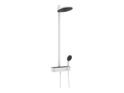 На изображении товар Душевая система Hansgrohe Pulsify S Showerpipe 260 2jet, с термостатом ShowerTablet Select 400, с верхним и ручным душем на стойке, цвет белый матовый от официального представителя в Москве