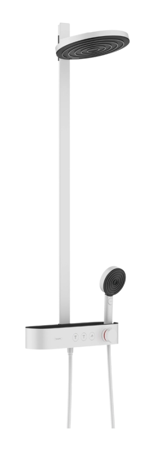 Душевая система Hansgrohe Pulsify S Showerpipe 260 2jet, с термостатом ShowerTablet Select 400, с верхним и ручным душем на стойке, цвет белый матовый