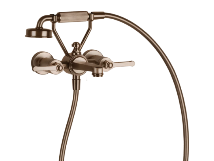 На изображении товар Смеситель для ванны Gessi Venti20, настенный, на 2 позиции с переключателем ванна-душ, подводом воды и держателем лейки, цвет Copper Brushed PVD от официального представителя в Москве