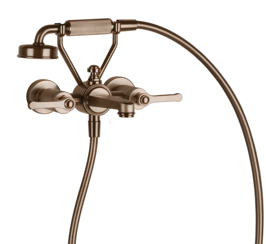 Смеситель для ванны Gessi Venti20, настенный, на 2 позиции с переключателем ванна-душ, подводом воды и держателем лейки, цвет Copper Brushed PVD