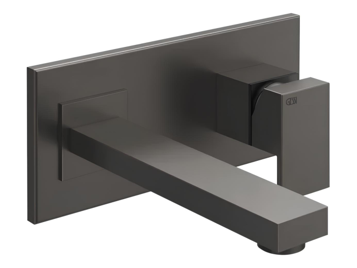 На изображении товар Cмеситель для раковины Gessi Rettangolo, настенный, со средним изливом, без донного клапана, внешняя часть, цвет Black Metal Brushed PVD от официального представителя в Москве
