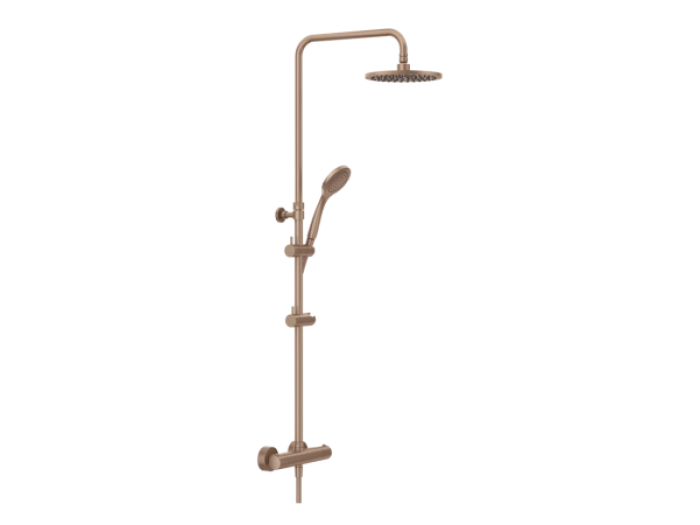 На изображении товар Душевая система Gessi Minimalistic Shower, настенный термостат, стойка с верхним душем Ø200 мм, автоматический переключатель, шланг, ручная лейка, цвет Copper Brushed PVD от официального представителя в Москве