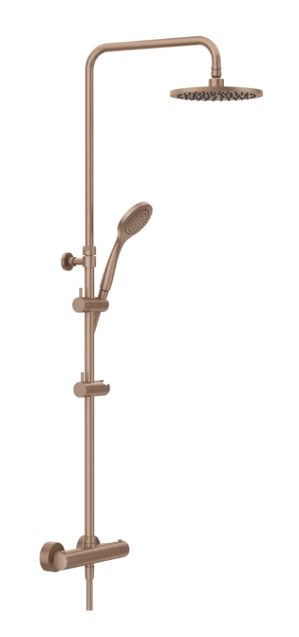Душевая система Gessi Minimalistic Shower, настенный термостат, стойка с верхним душем Ø200 мм, автоматический переключатель, шланг, ручная лейка, цвет Copper Brushed PVD