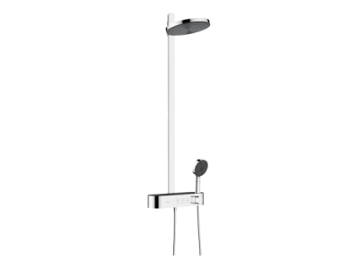 На изображении товар Душевая система Hansgrohe Pulsify S 260 2je Showerpipe EcoSmart, верхний и ручной душ на стойке, с термостатом, цвет хром от официального представителя в Москве