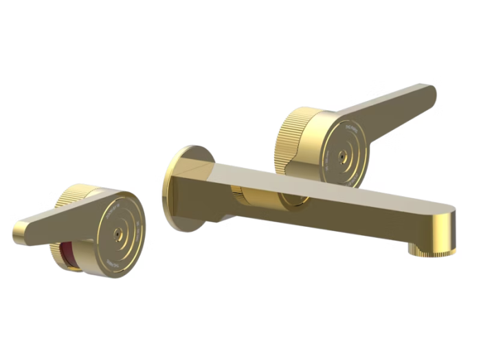 На изображении товар Смеситель для раковины THG Zoom.12, на 3 отверстия, встраиваемый в стену, с изливом голиаф, внешняя часть, цвет Polished gold от официального представителя в Москве